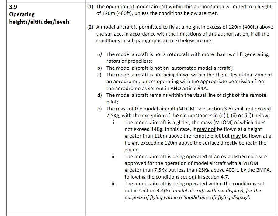 400 Feet 120m height restriction for models over 7.5kg. All